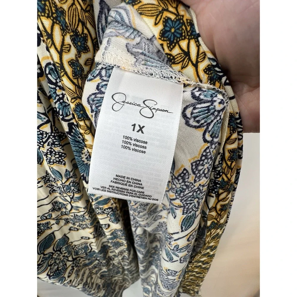 Jessica Simpson Floral Kimono Cardigan Womens 1X Blue Yellow Frozen Dew Boho